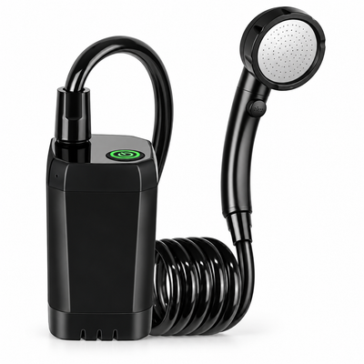 Black rechargeable camping shower pump with hose and shower head