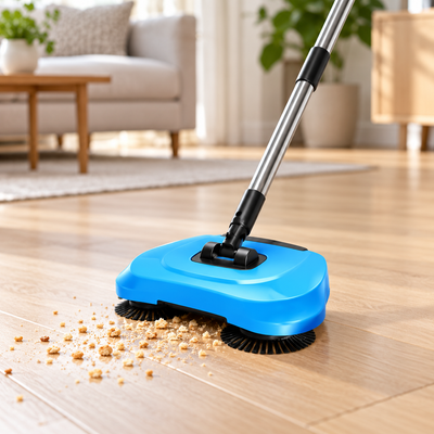 Manual rotating floor sweeper collecting crumbs