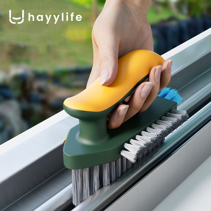 Four-in-one crevice brush cleaning a narrow window track