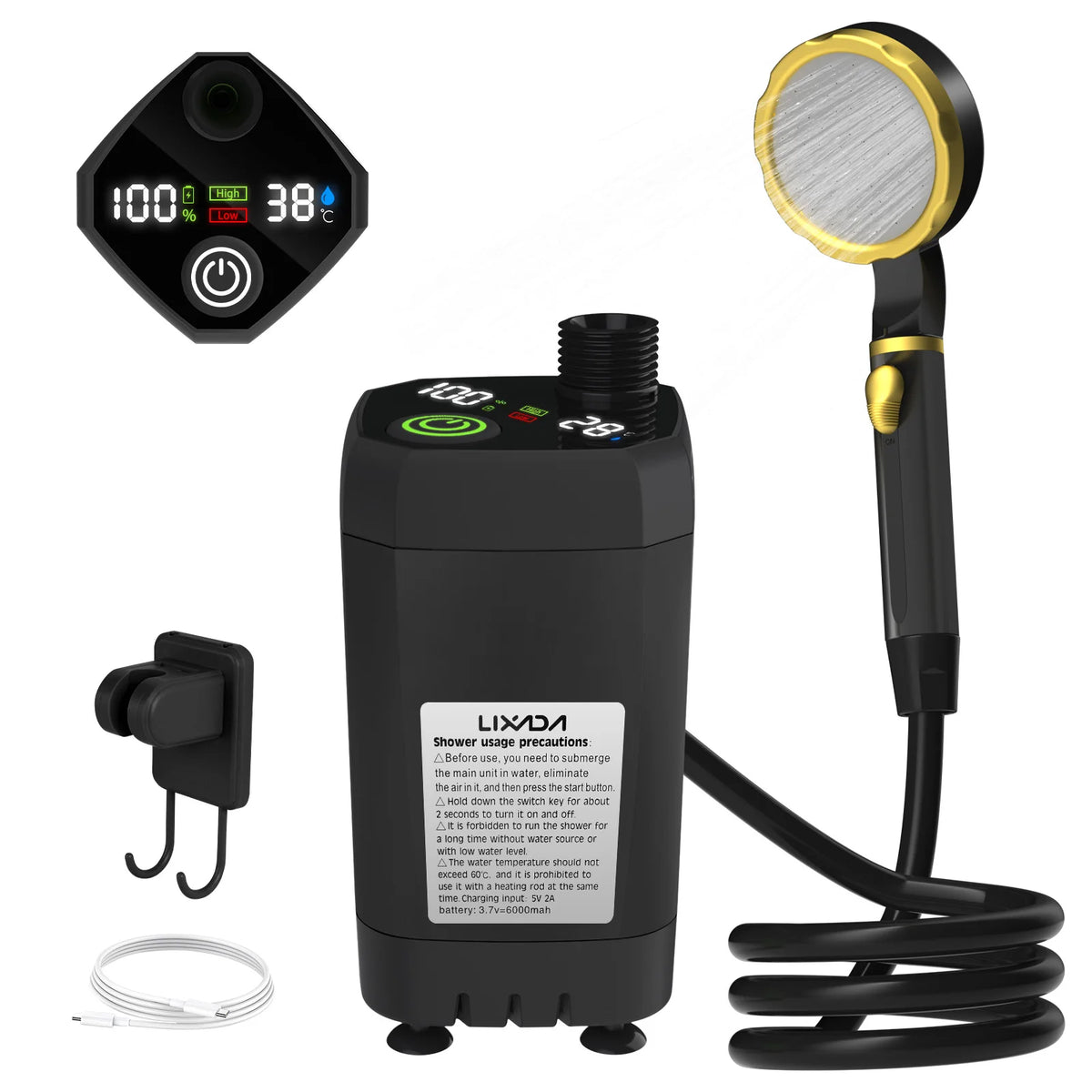 LIXADA Portable Camping Shower with LED Display | 6000mAh
