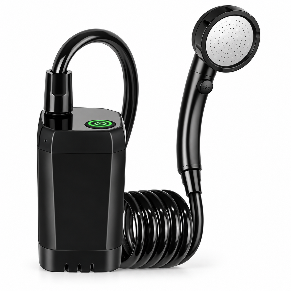 Black rechargeable camping shower pump with hose and shower head