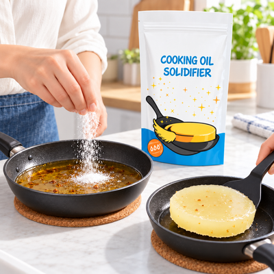 Cooking oil solidifier powder turning used oil into a removable solid