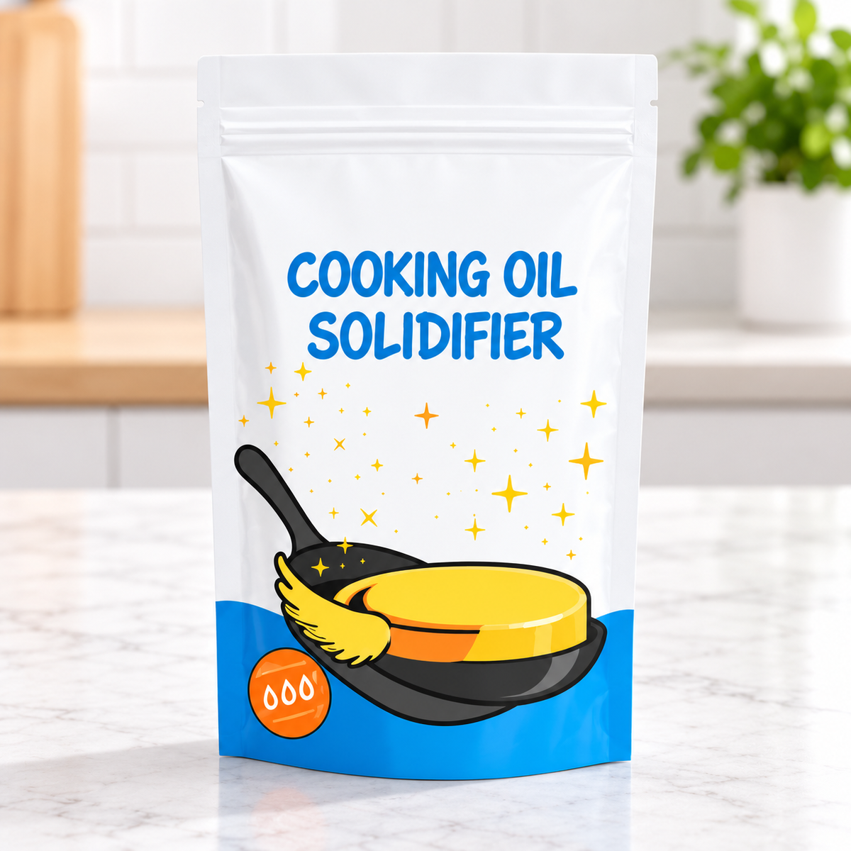 Cooking oil solidifier pouch on a clean kitchen counter