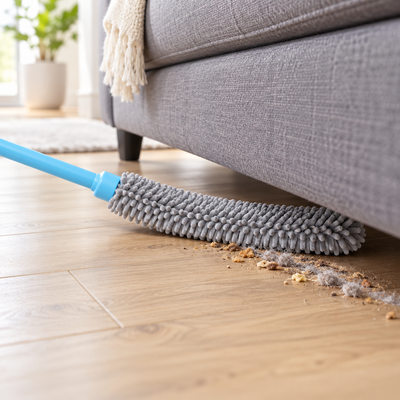 Flexible microfiber duster cleaning under a sofa