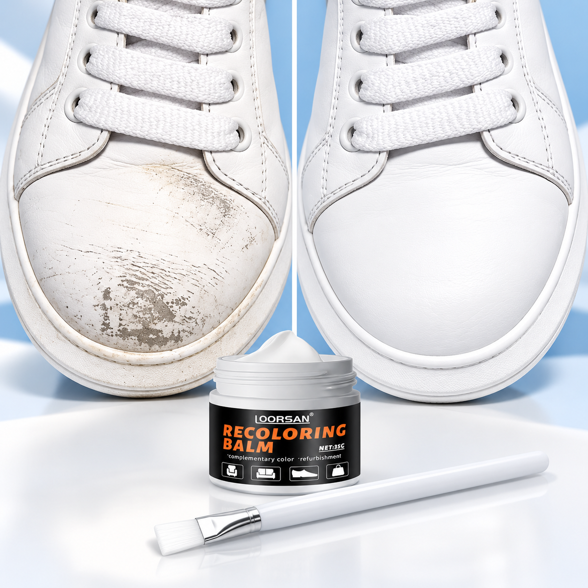 White leather sneaker before and after using recoloring balm