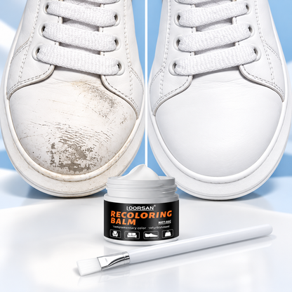 White leather sneaker before and after using recoloring balm