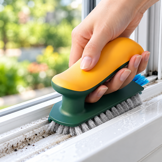 Four-in-one window track cleaning brush in use